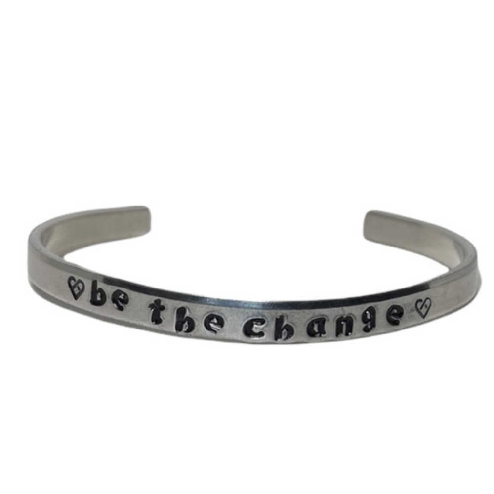 Handmade stamped Be the Change Celtic‎ Heart adjustable silver cuff bracelet